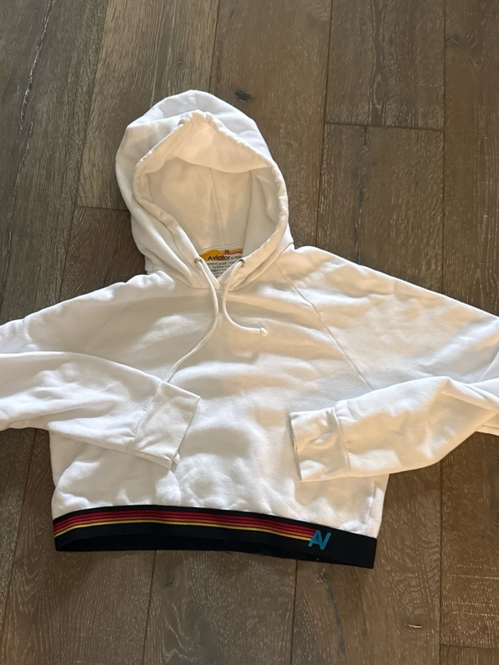 Aviator Nation White Cropped Hoodie with Rainbow Stripe Hem